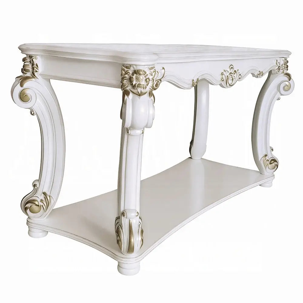 Baroque Bone White Sofa Table - 58" Rectangular with Scrolled Legs and Shelf Acme Furniture