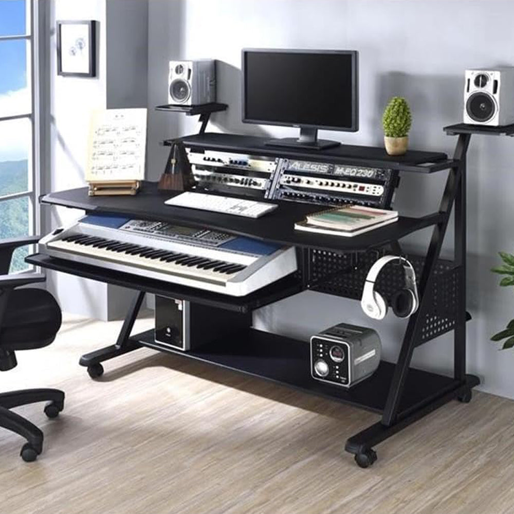 Music Desk Studio Recorder Producer Piano Table Keyboard Tray and Earphone Rack Metal and Wooden with Wheels