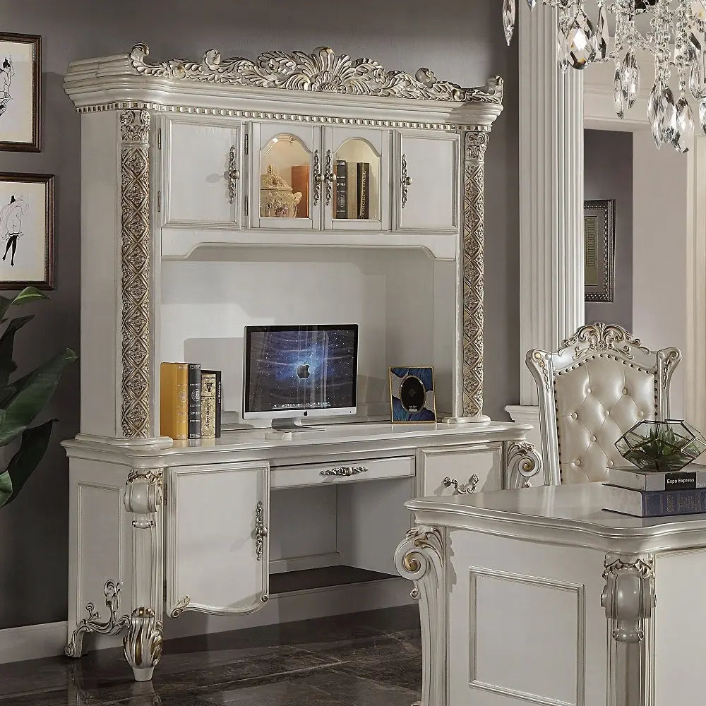 Baroque Bone White Computer Desk with Hutch - Scrolled Legs and Floral Moldings Acme Furniture