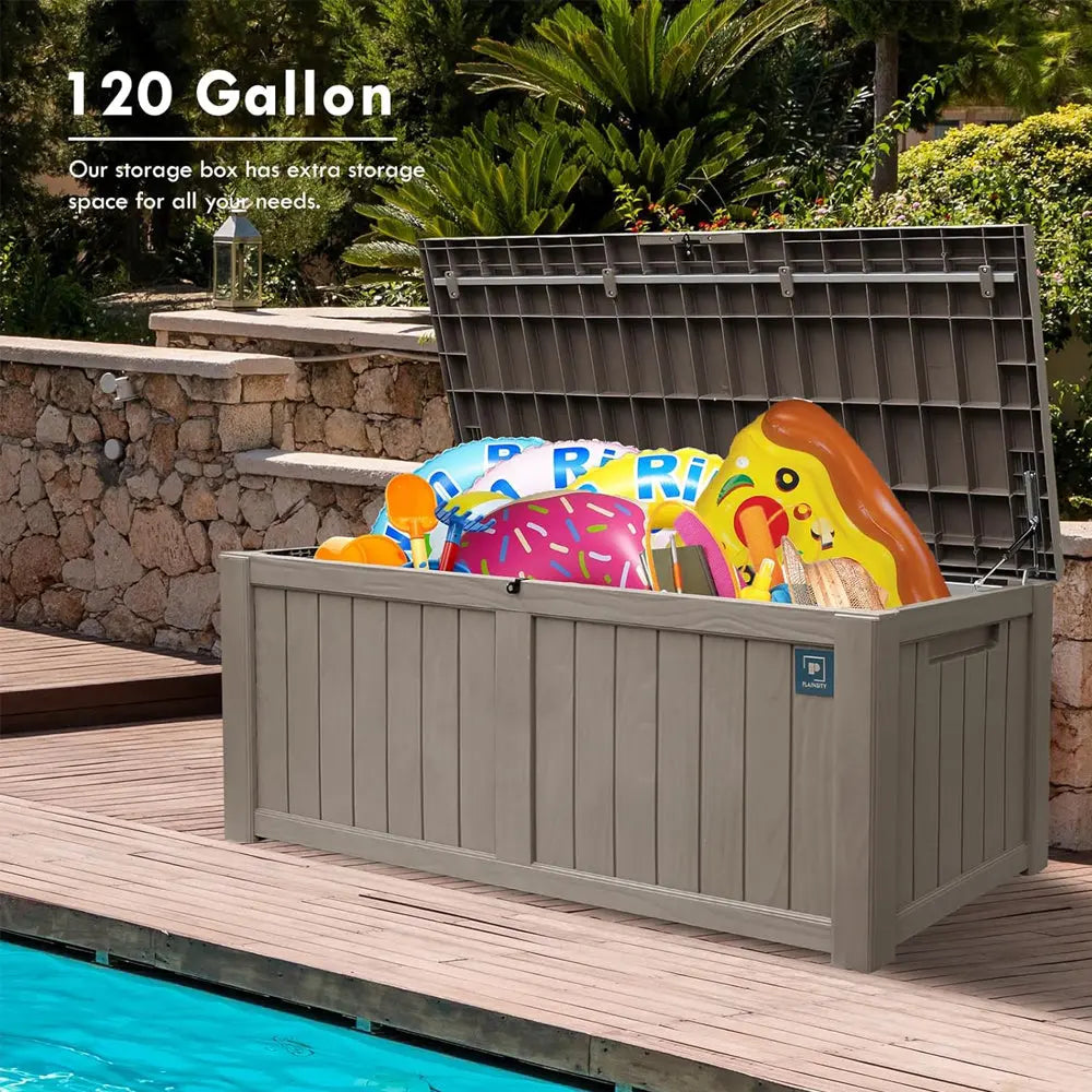 120 Gallon Outdoor Storage Box, Rain Waterproof Resin Deck Box, Lockable Large Storage Container for Patio Furniture, Cushions, Garden Tools, Sports Equipment and Pool Supplies Taupe Shopmurai