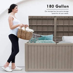 180 Gallon Outdoor Storage Box, Rain Waterproof Resin Deck Box, Lockable Large Storage Container for Patio Furniture, Cushions, Garden Tools, Sports Equipment and Pool Supplies Taupe Shopmurai