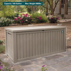 180 Gallon Outdoor Storage Box, Rain Waterproof Resin Deck Box, Lockable Large Storage Container for Patio Furniture, Cushions, Garden Tools, Sports Equipment and Pool Supplies Taupe Shopmurai