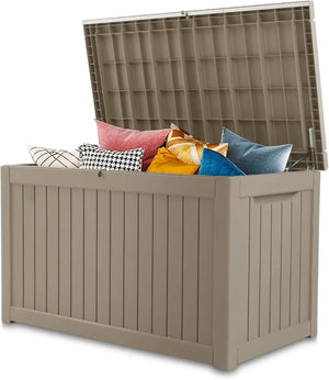 230 Gallon Outdoor Storage Box, Rain Waterproof Resin Deck Box, Lockable Large Storage Container for Patio Furniture, Cushions, Garden Tools, Sports Equipment and Pool Supplies Taupe Shopmurai