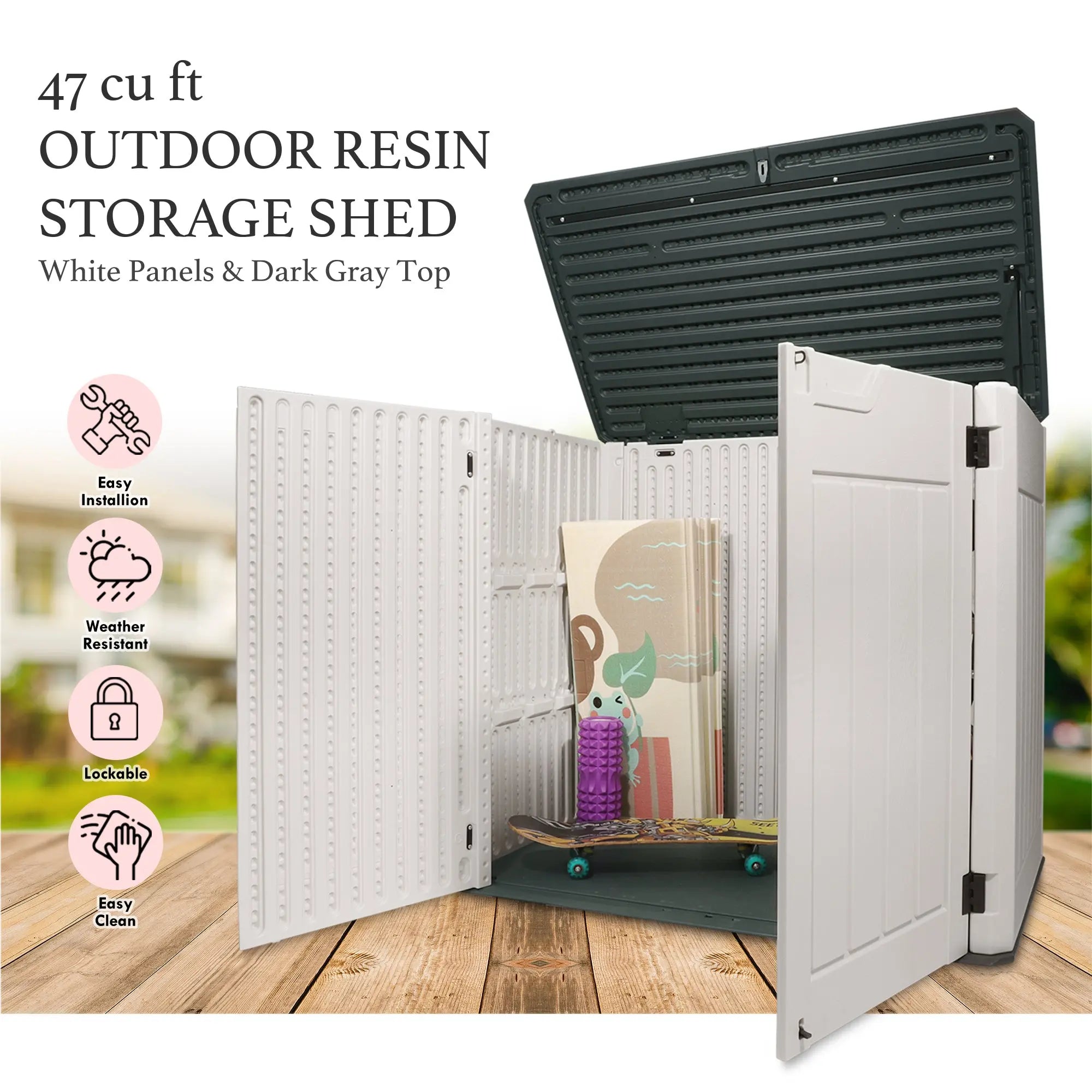 47 Cu.Ft Outdoor Storage Box Horizontal Resin Patio Garden Shed w/ Lockable Door Shopmurai