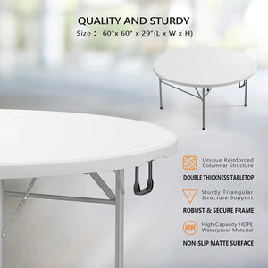 5 Foot Portable Round Folding Card Table 5FT 60" Half Foldable Heavy Duty Plastic w/ Carry Handle Shopmurai