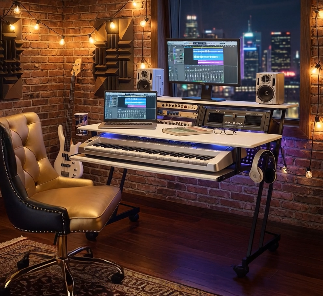 Music Recording Studio Desk with Keyboard Tray - White Home Producer Workstation