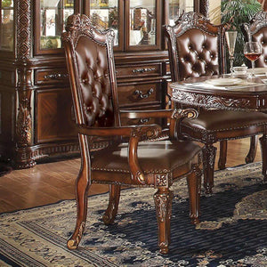 Vendome Dining Arm Chair Set of 2 in PU and Cherry - Luxurious Button Tufted Design Acme Furniture