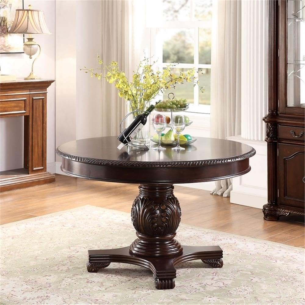 Chateau de Ville Espresso Single Pedestal Extension Dining Table – Round Parquet Top with Ornate Carvings