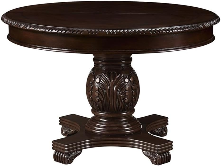 Chateau de Ville Espresso Single Pedestal Extension Dining Table – Round Parquet Top with Ornate Carvings