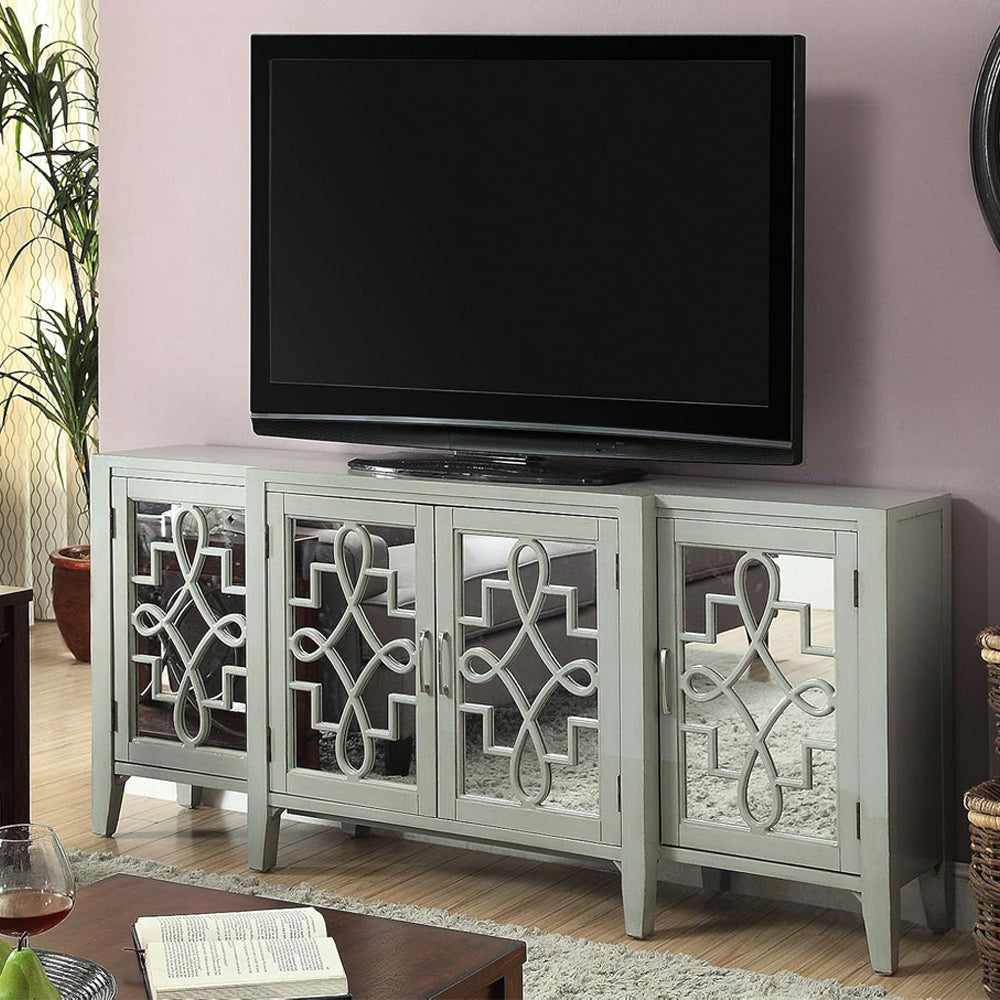 Kacia Console Table in Antique Gray 72" Mirror Front Storage 4 Door Cabinet