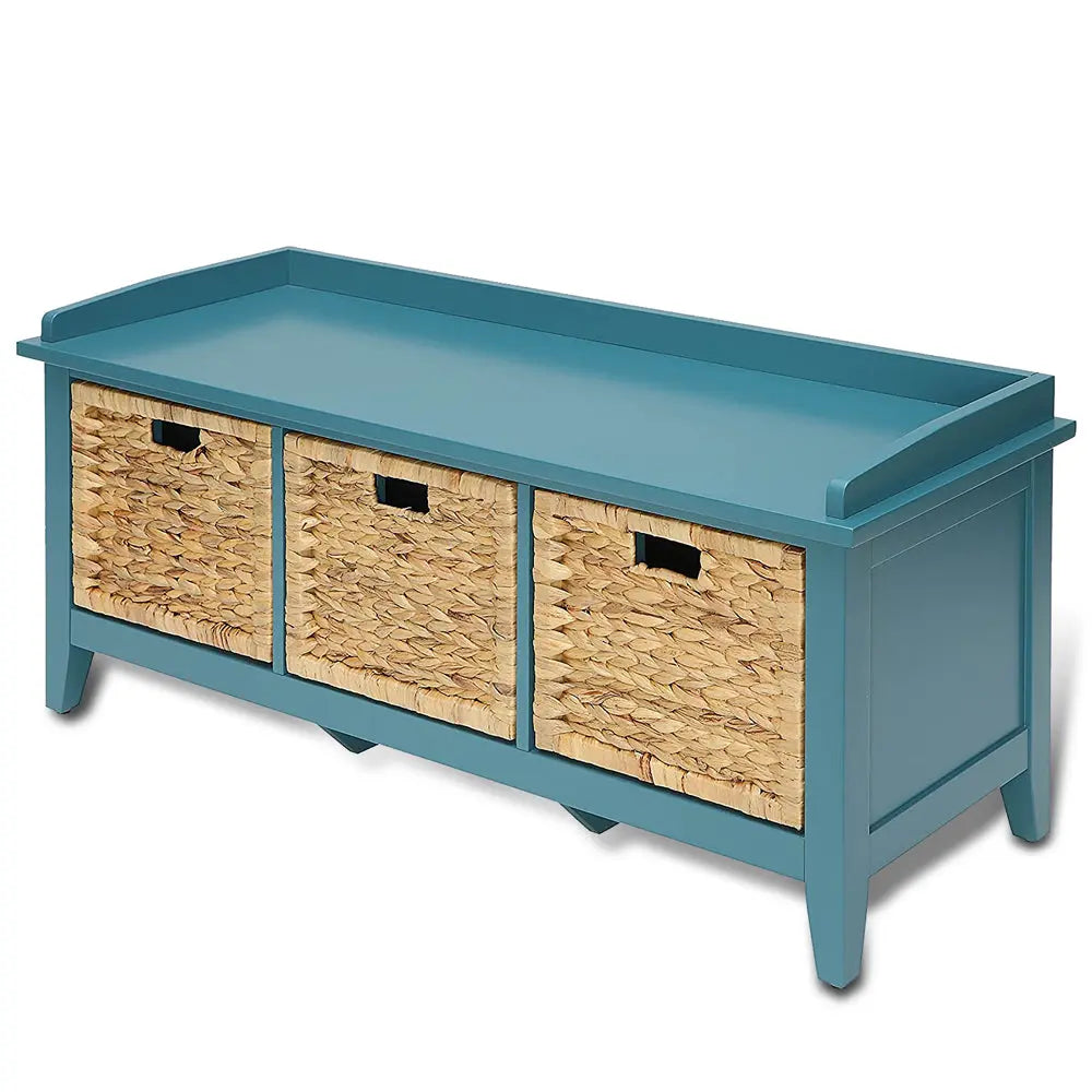 Flavius 3-Drawer Wooden Storage Bench in Teal with Rattan Baskets, Rectangular Entryway Bench Acme Furniture