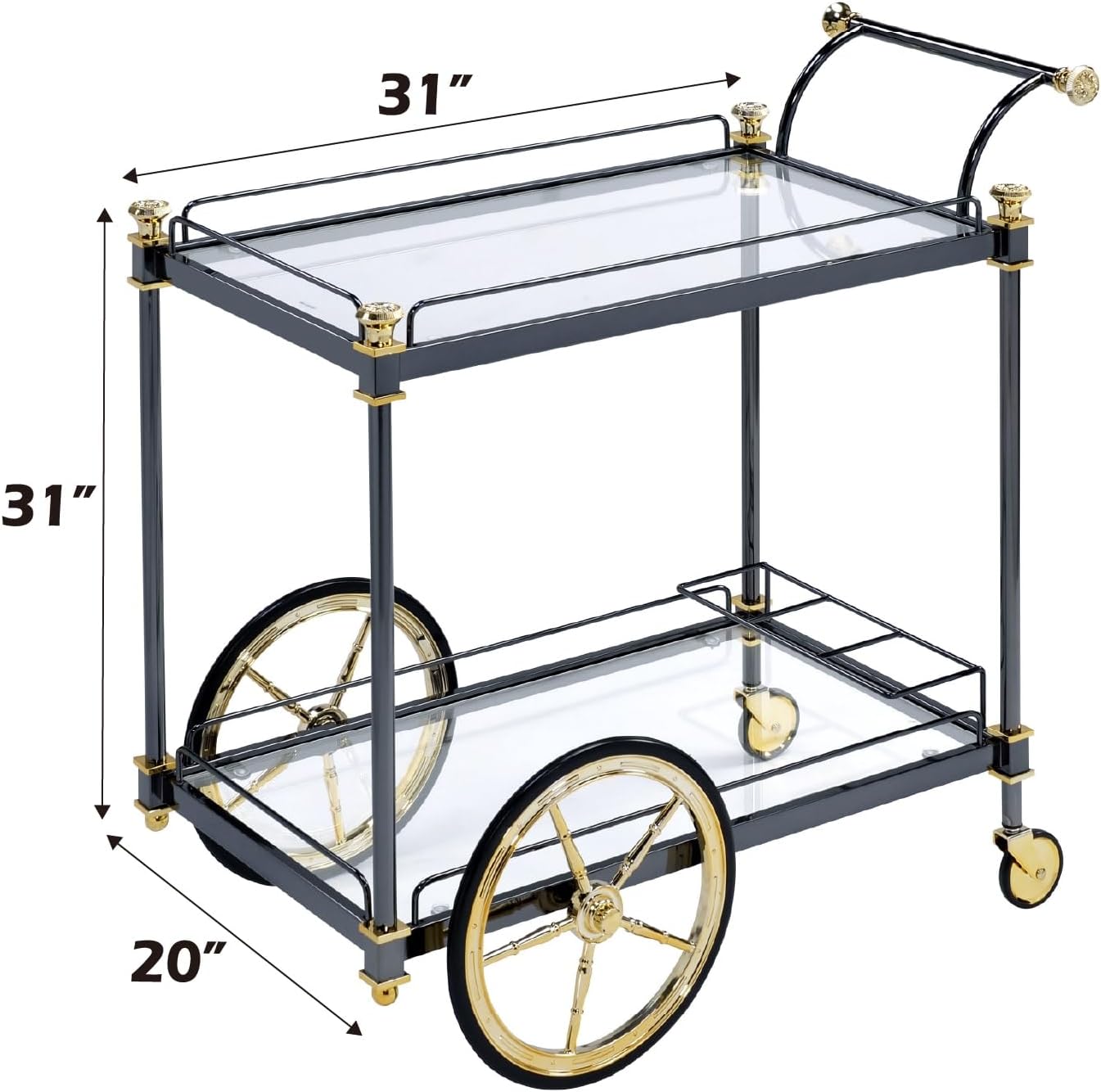 Cyrus Rectangular Glass Top Serving Cart with 2 Shelves in Black and Clear