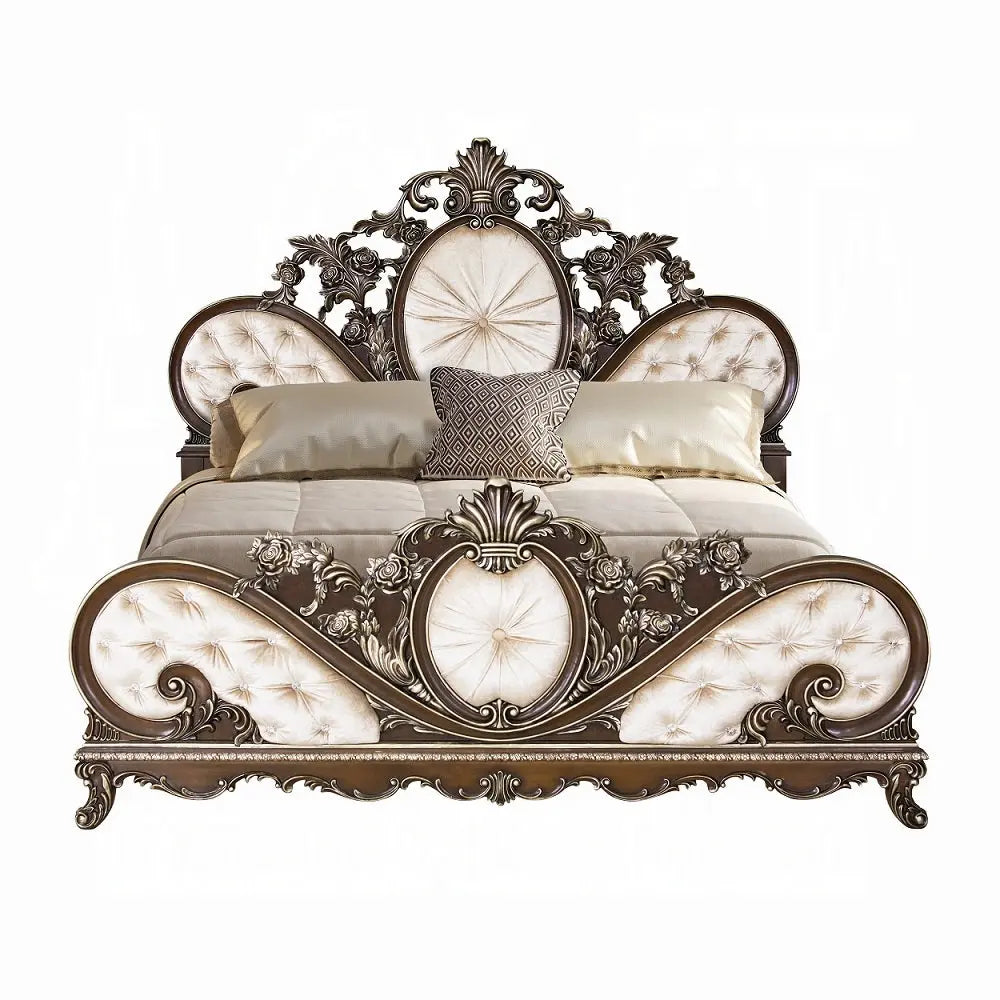 Devany Queen Size Bed Frame in Cream and Cherry Tufted Button Acme Furniture