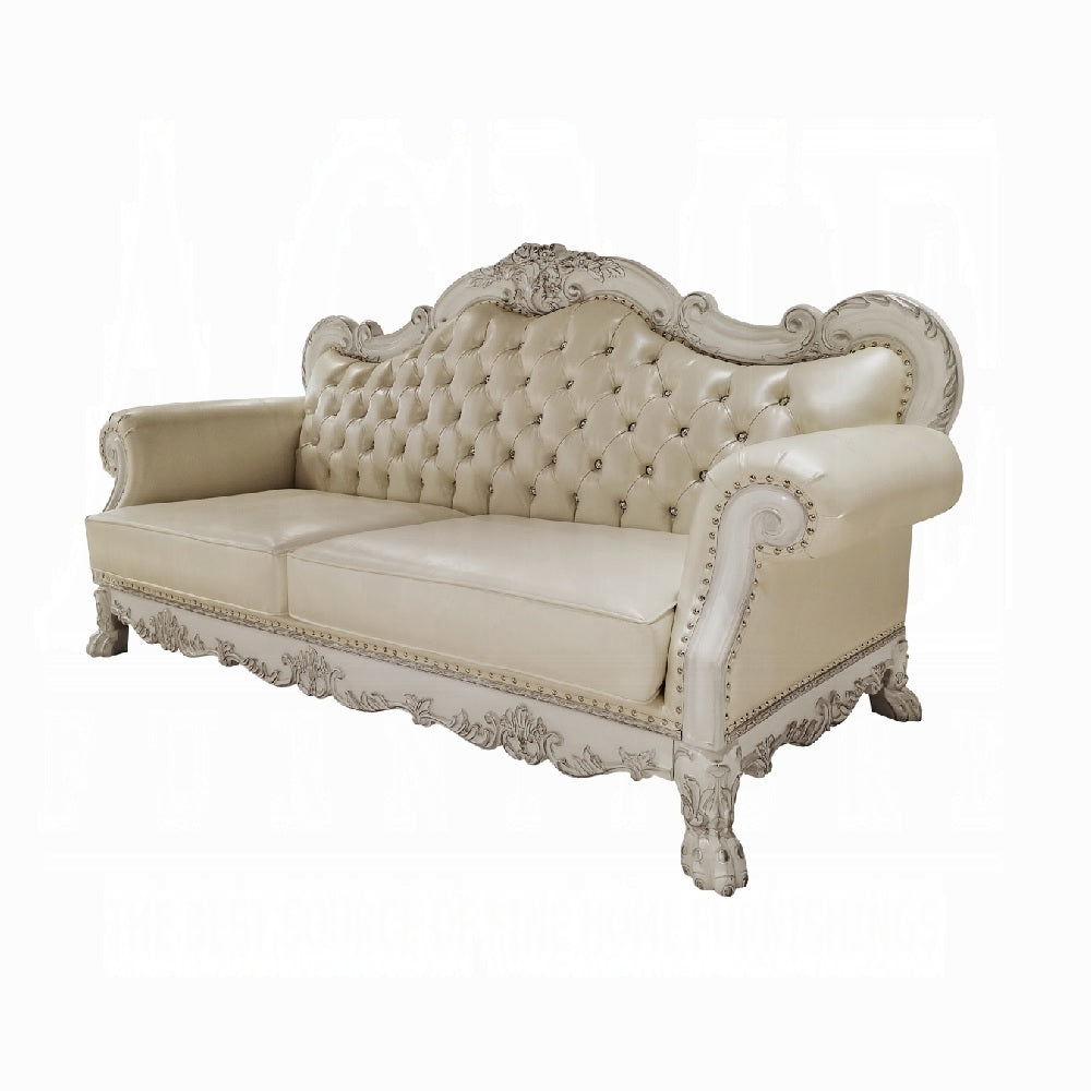Bone White Dresden Upholstered Faux Leather Leatherette Tufted Sofa with Carvings & Claw Feet | 86" Classic Ornate Sofa