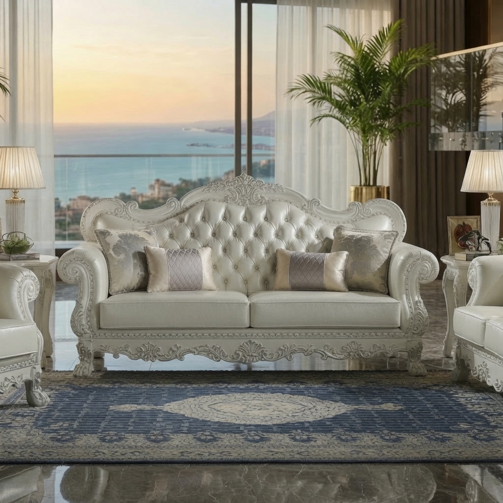 Bone White Dresden Upholstered Faux Leather Leatherette Tufted Sofa with Carvings & Claw Feet | 86" Classic Ornate Sofa