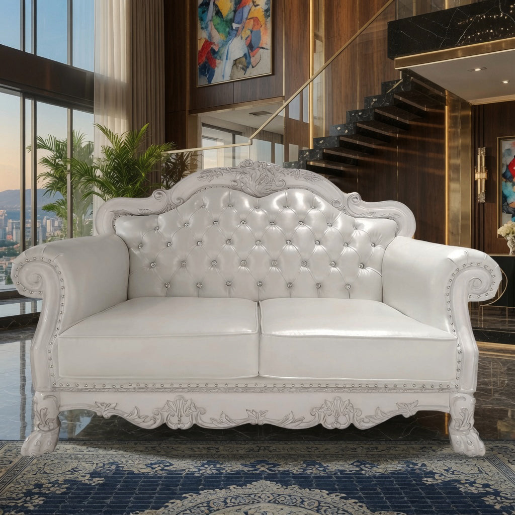 Bone White Dresden Upholstered Faux Leather Leatherette Tufted Sofa with Carvings & Claw Feet | 64" Classic Ornate Sofa