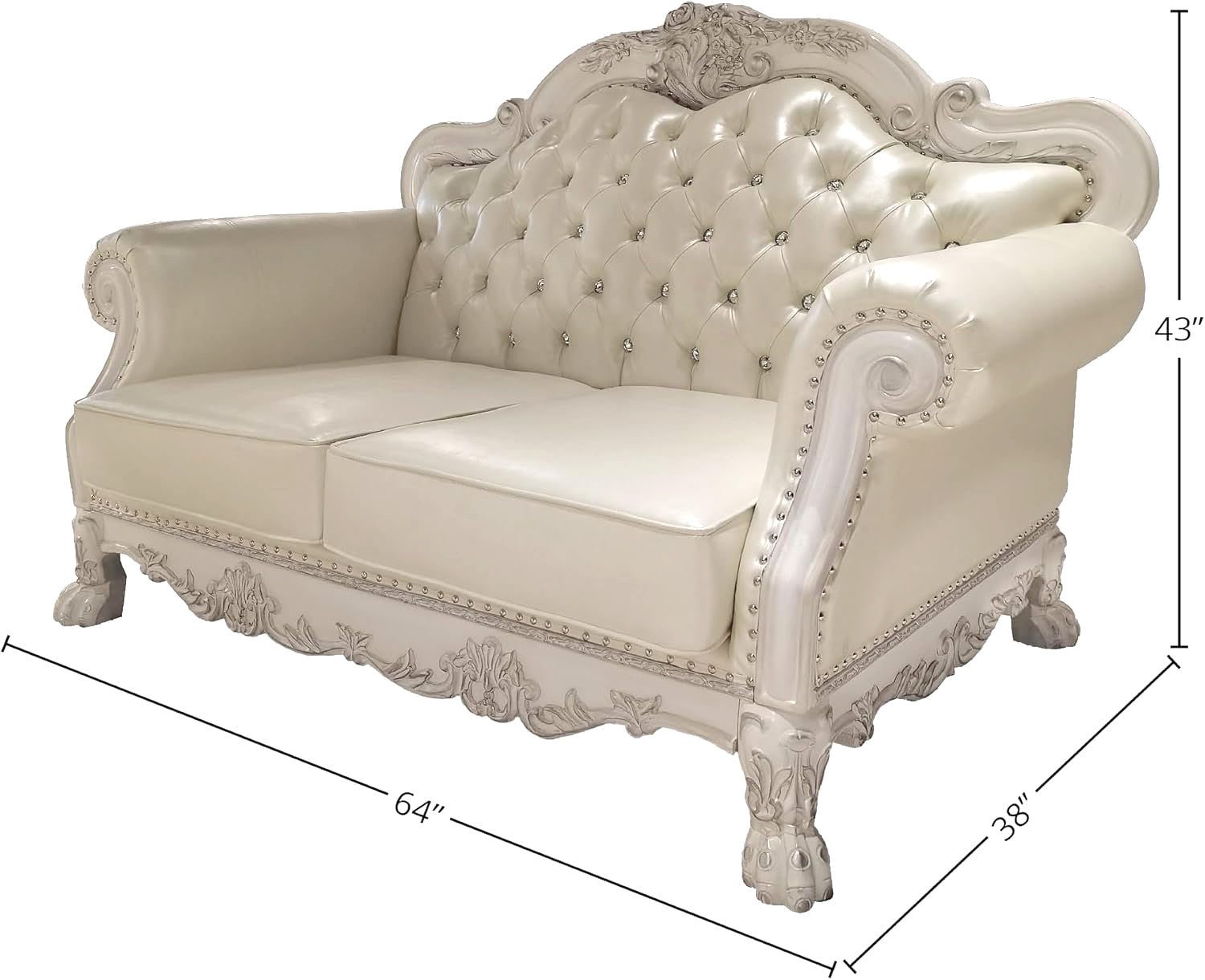 Bone White Dresden Upholstered Faux Leather Leatherette Tufted Sofa with Carvings & Claw Feet | 64" Classic Ornate Sofa