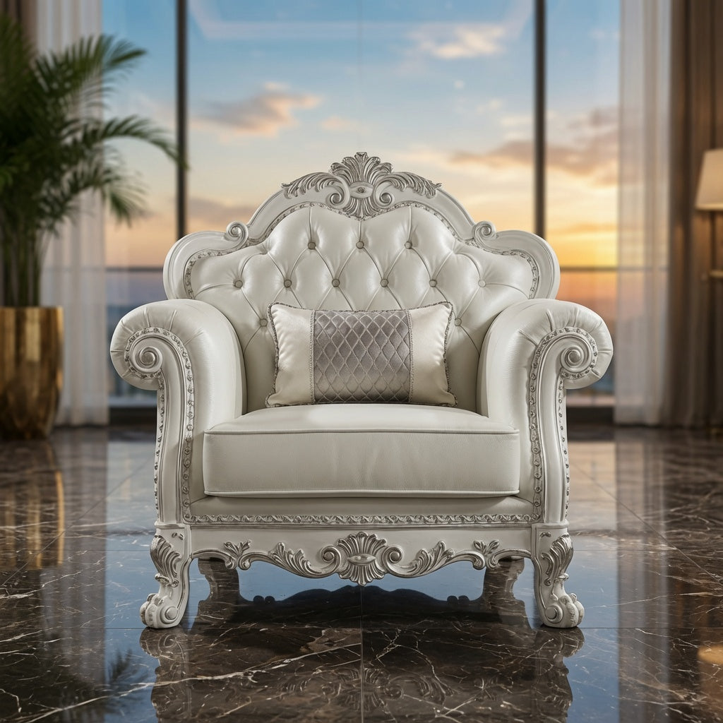 Bone White Dresden Upholstered Faux Leather Leatherette Tufted Sofa with Carvings & Claw Feet | Single Seat