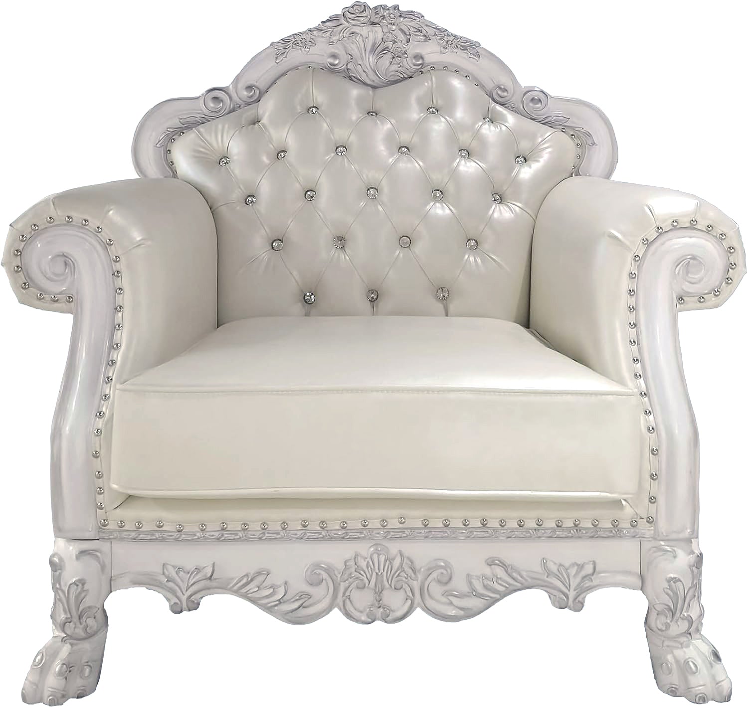 Bone White Dresden Upholstered Faux Leather Leatherette Tufted Sofa with Carvings & Claw Feet | Single Seat