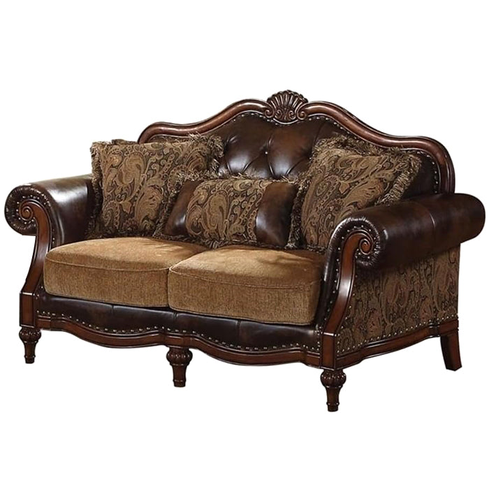 Dreena Rolled Arm Upholstered Chair Loveseat with 3 Pillow in Brown Faux Leather