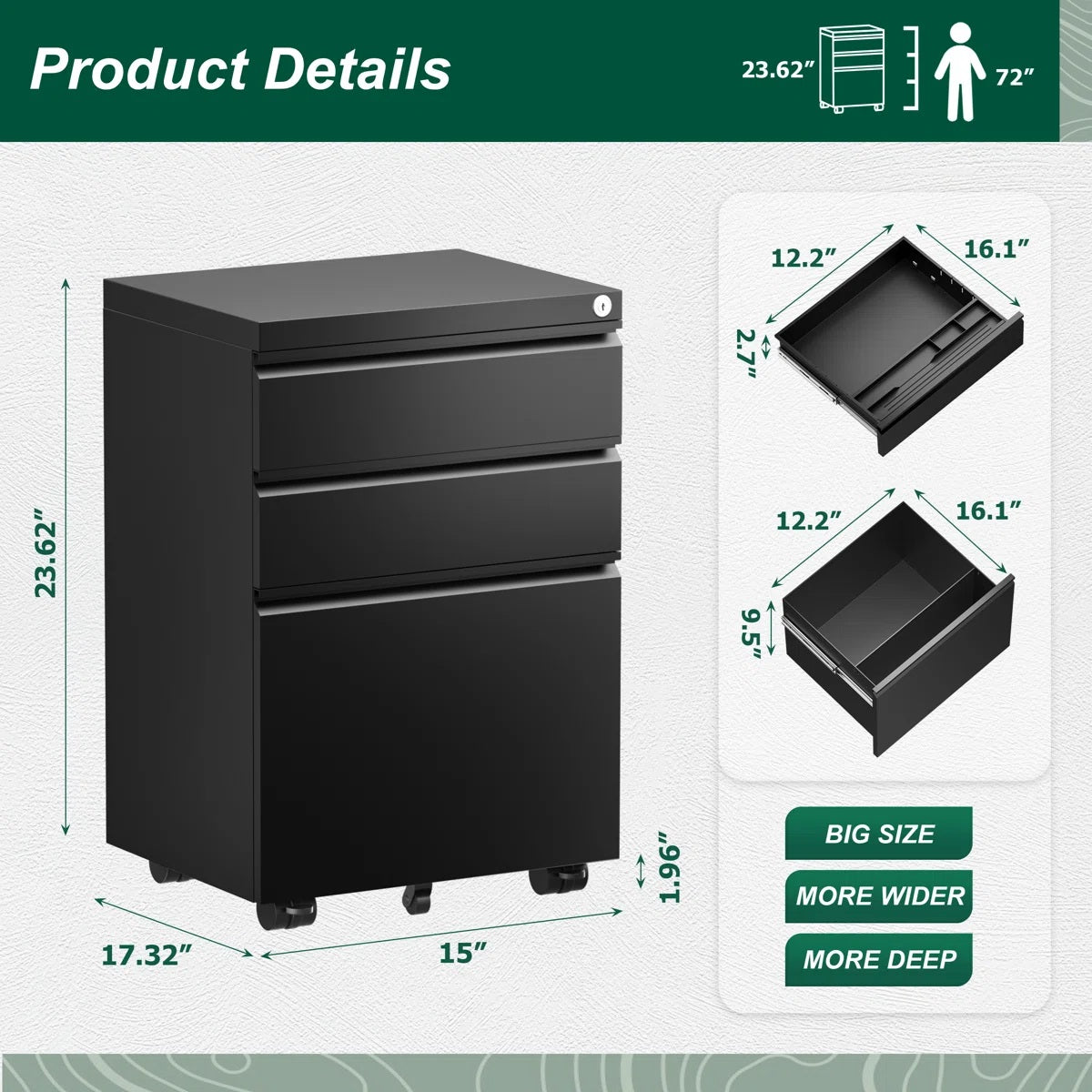 3-Drawer Mobile File Cabinets Rolling Metal Filing Cabinet for Legal & Letter File Anti-tilt Design with Lock Under Desk Office Drawers