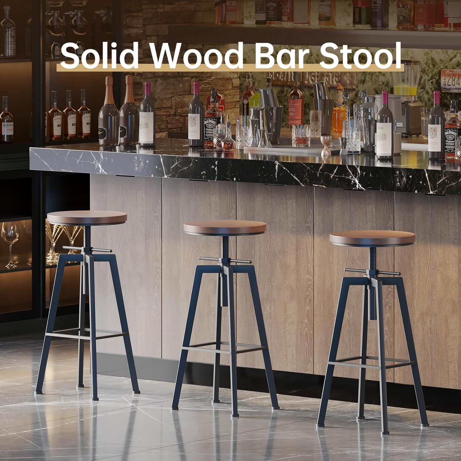 Vintage Adjustable Bar Stools Set of 2, Height Ranges from 24.8 to 30.8 inch, Natural Wood Seat and Heavy Metal Frame Rustic Industrial Swivel Bar Stools