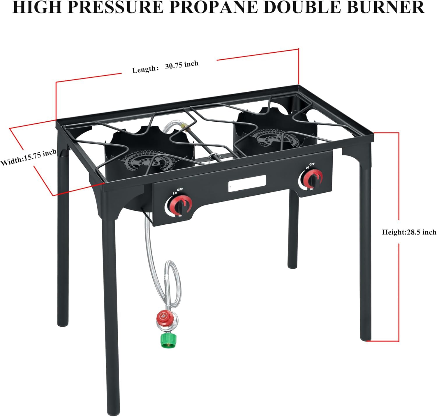 High Pressure Double Propane Burner Outdoor Camping Stove with 0-20 PSI Adjustable Regulator and Steel Braided Hose (Two Burner Stove)