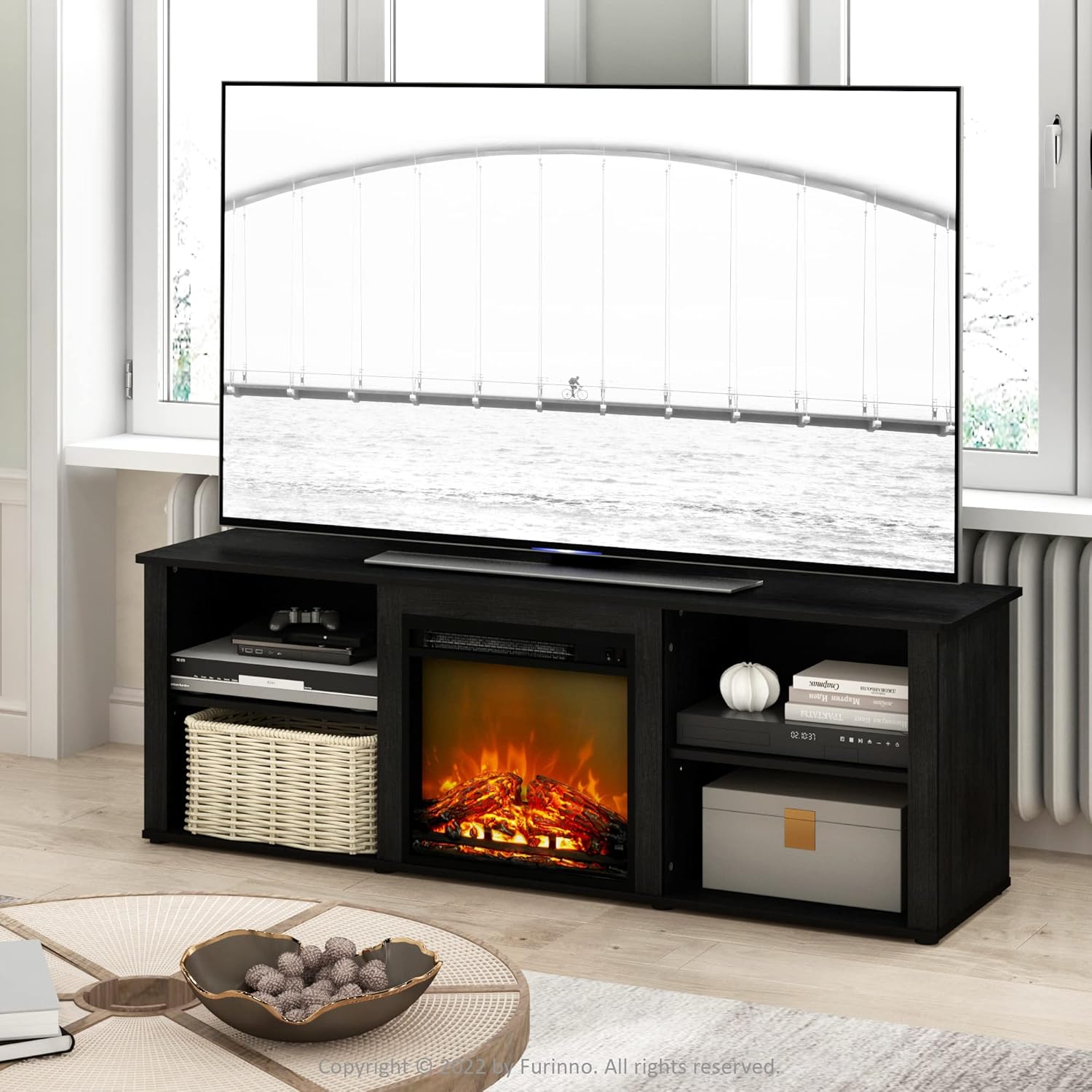 70 Inch TV Stand with Fireplace, Americano