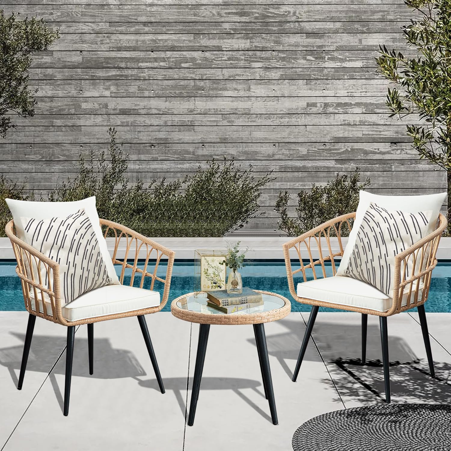 3 Piece Patio Bistro Set, Outdoor Wicker Apartment Balcony Furniture Sets, Rattan Table and Chairs Set of 2