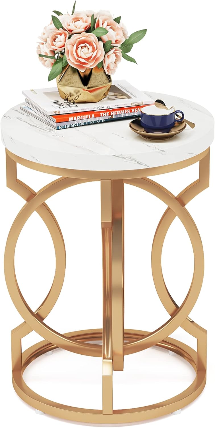 Modern Round End Table with Thickened Top, 20" Gold Side Table with Unique O-Shaped Base, Midcentury Accent Table Nightstand for Living Room Bedroom, White + Gold