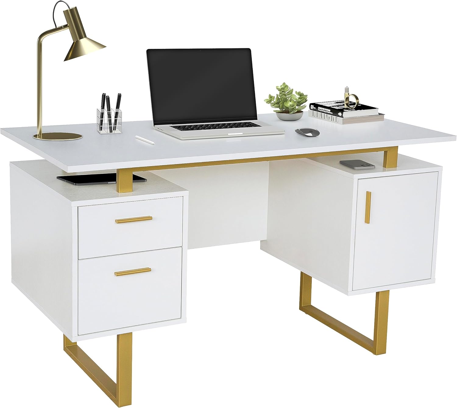 Writing Desk Table Storage Drawers and Cabinet Modern Office Large Floating Desktop Surface White/Gold