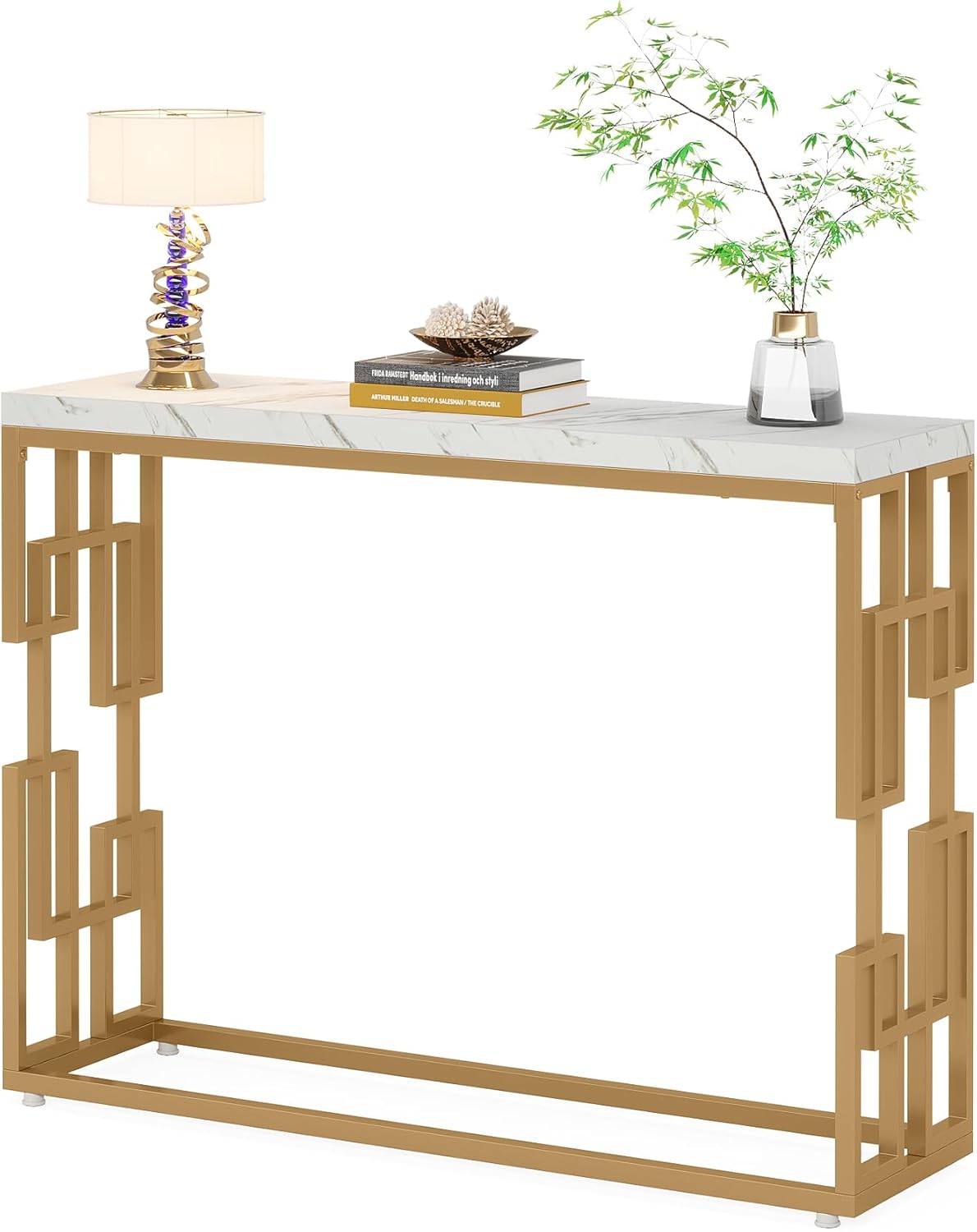 Modern Console Table for Entryway, 42.5-Inch Behind Sofa Table with Faux Marble Tabletop, Engineered Wood Entry Furniture for Hallway, Foyer, Living Room, Easy Assembly, White and Gold
