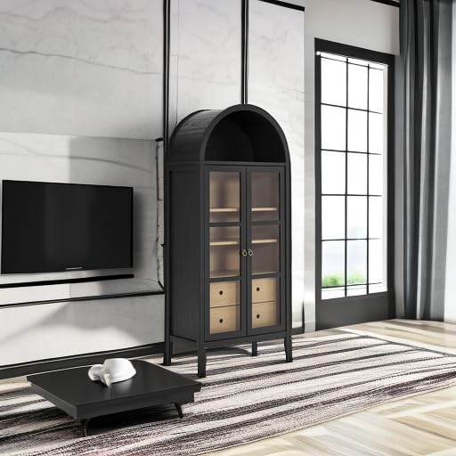 Modern Farmhouse 71 Inch Tall Arched Storage Display Cabinet in Black Oak
