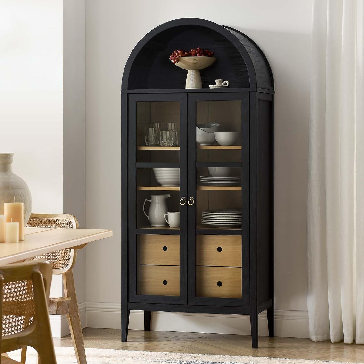 Modern Farmhouse 71 Inch Tall Arched Storage Display Cabinet in Black Oak