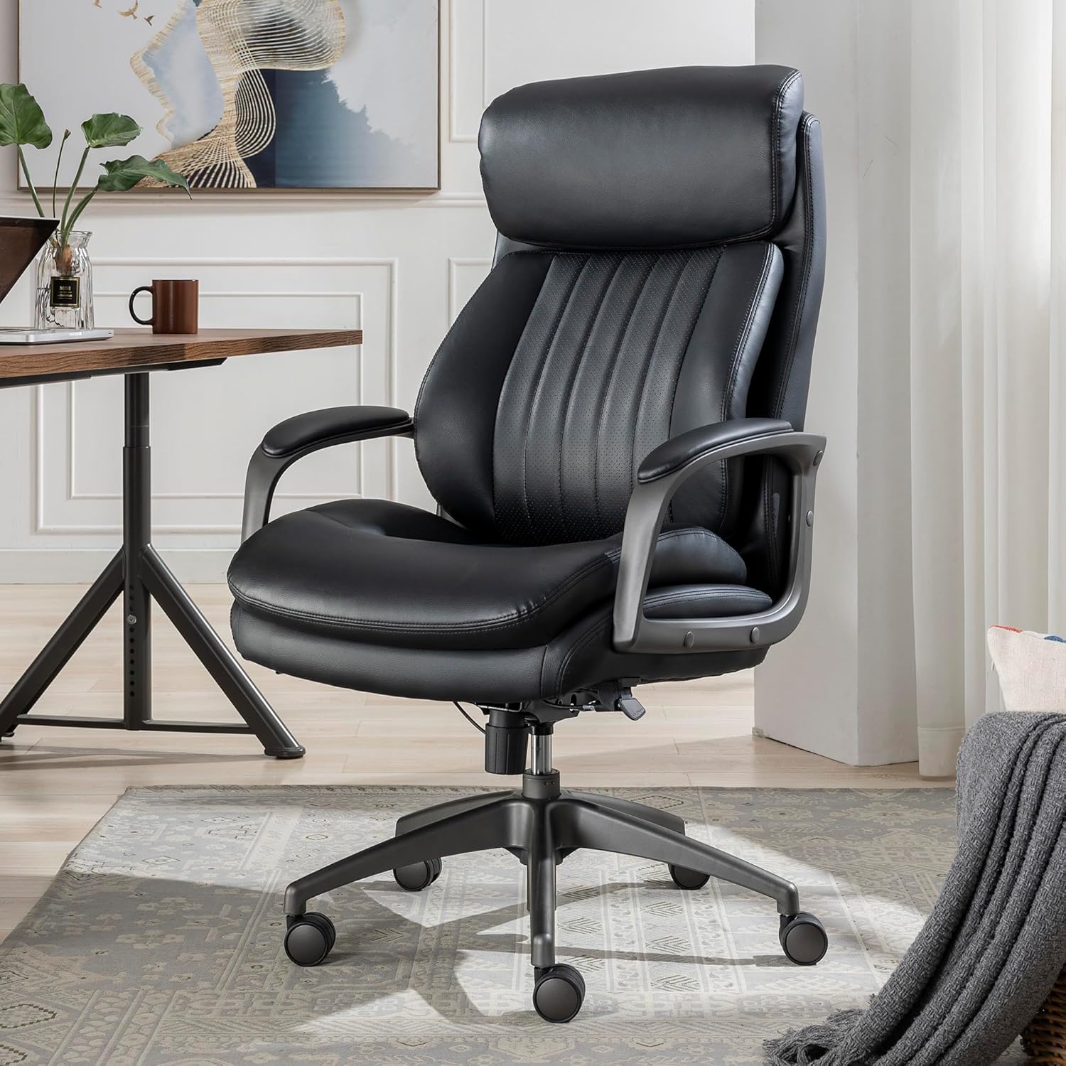 La-Z-Boy Nova Executive Office Chair - Ergonomic High Back Desk Chair with AIR Lumbar Support - Comfortable Computer Chair for Home Office - Vegan Leather - Black