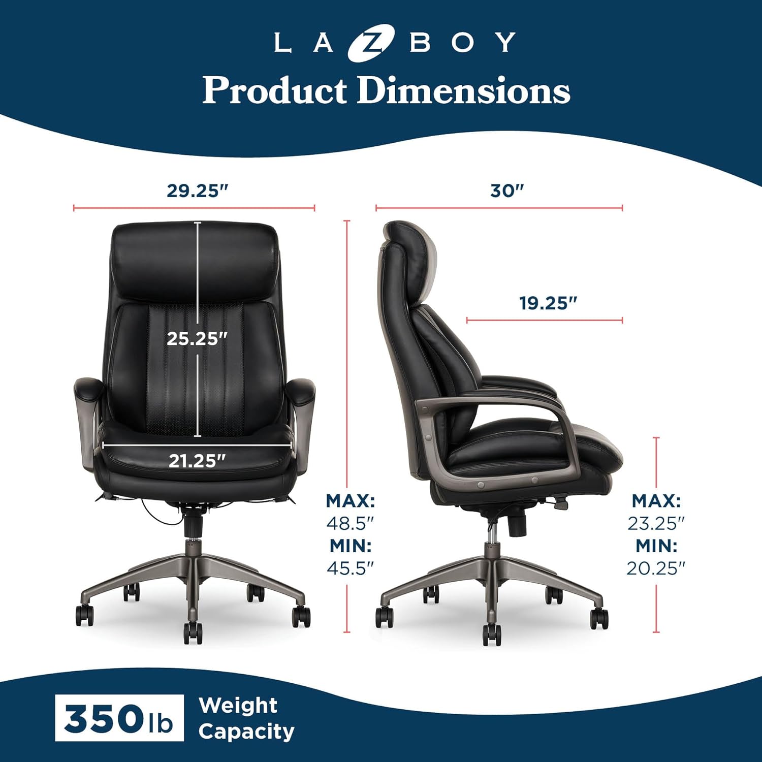 La-Z-Boy Nova Executive Office Chair - Ergonomic High Back Desk Chair with AIR Lumbar Support - Comfortable Computer Chair for Home Office - Vegan Leather - Black