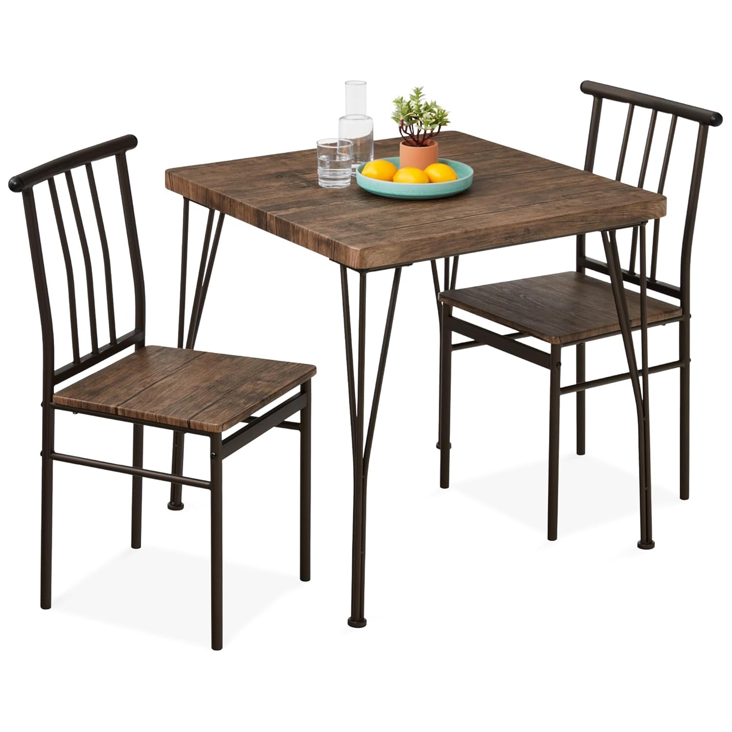 3-Piece Dining Set Modern Dining Table Set, Metal and Wood Square Dining Table w/ 2 Chairs
