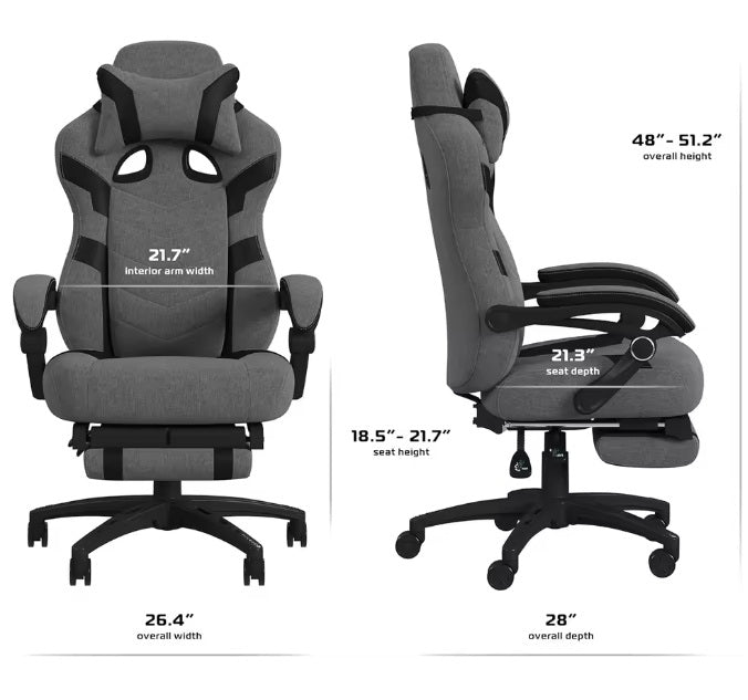 Pro Gaming Chair - Gaming Chair with Footrest, Reclining Gaming Chair, Video Gaming Computer Desk Chair, Adjustable Desk Chair, Gaming Chairs for Adults with Headrest Pillow - Grey Fabric