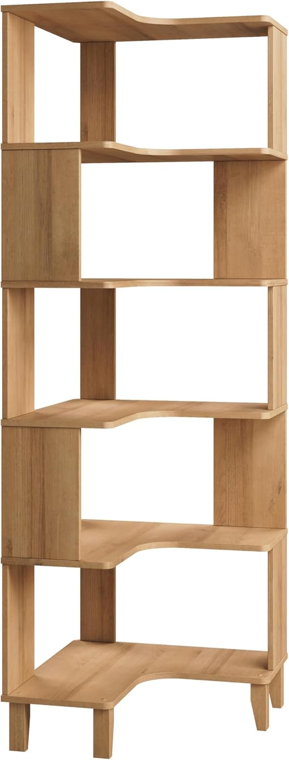 6-Tier Modern Mid Century Corner Bookcase, 71.5" Extra Tall Black Corner Shelf with Storage, Multifunctional Freestanding Bookshelf