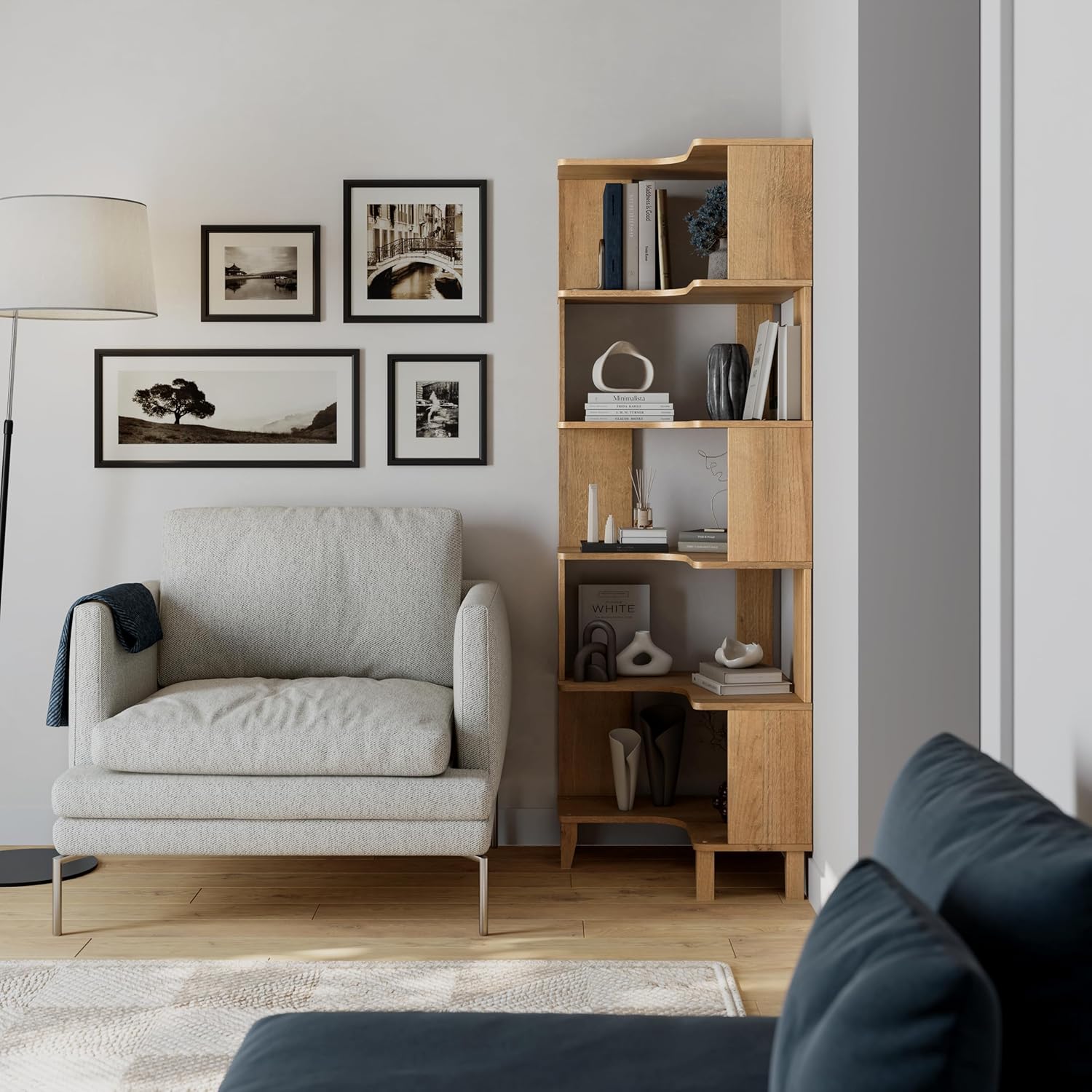 6-Tier Modern Mid Century Corner Bookcase, 71.5" Extra Tall Black Corner Shelf with Storage, Multifunctional Freestanding Bookshelf