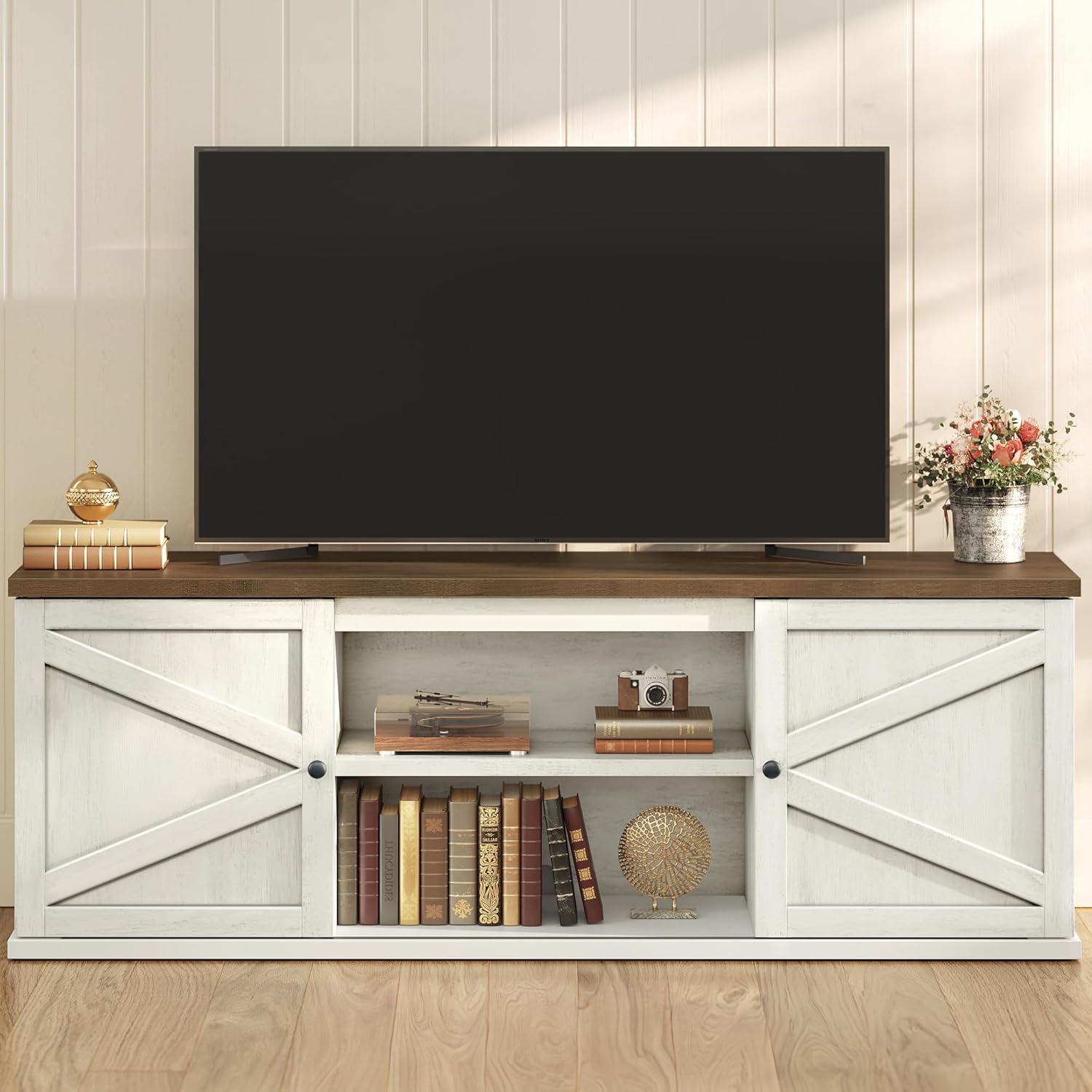 Farmhouse TV Stand for TVs up to 80 Inches, Entertainment Center with Storage Cabinets and Sliding Barn Doors