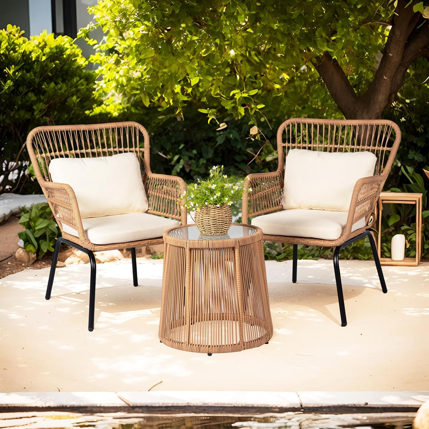 3 Pieces Patio Rattan Bistro Conversation Set, Outdoor All-Weather Wicker Furniture Chairs and Side Table Set