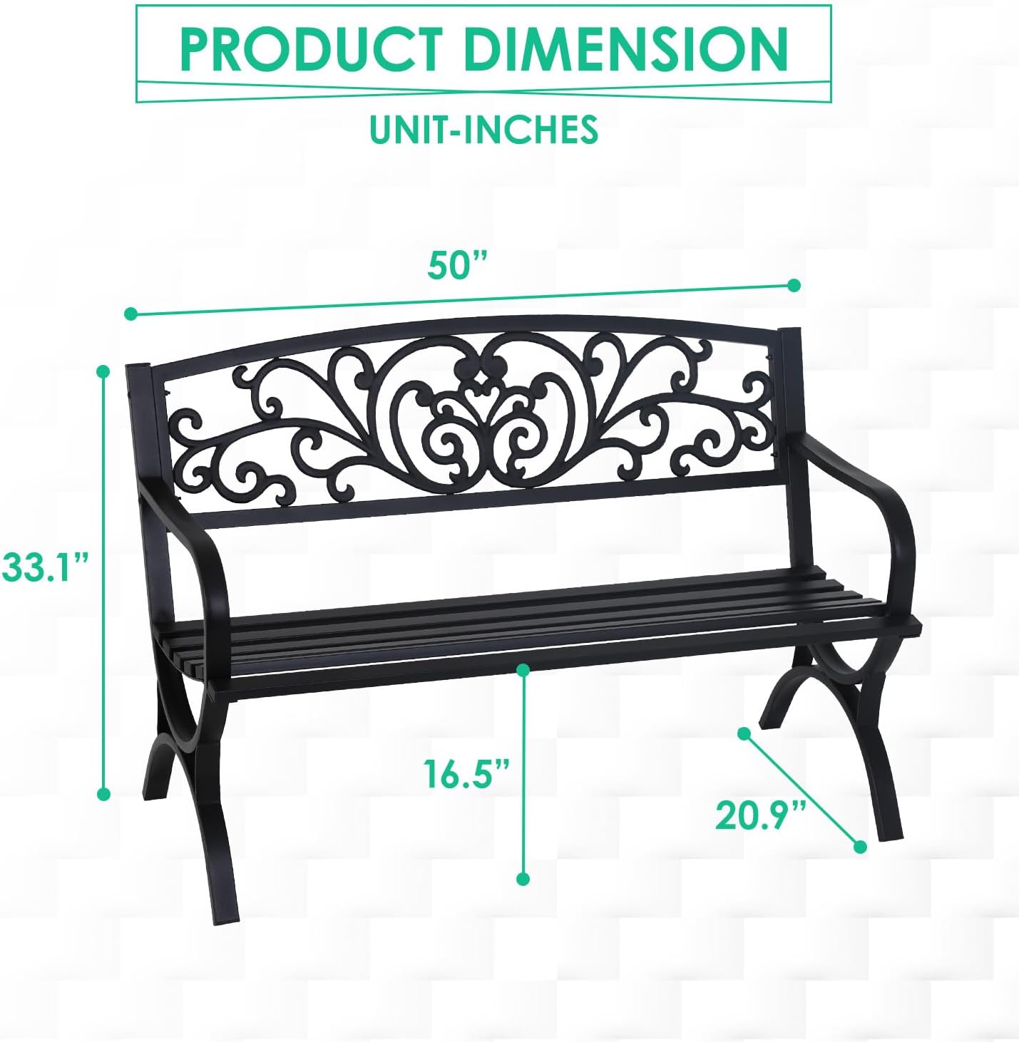 Outdoor 50 Inches Garden Bench, Slatted Seat Armrests Floral Design Backres and Arch Legs, Perfect for Park, Yard, Porch, Lawn, Balcony, Backyard