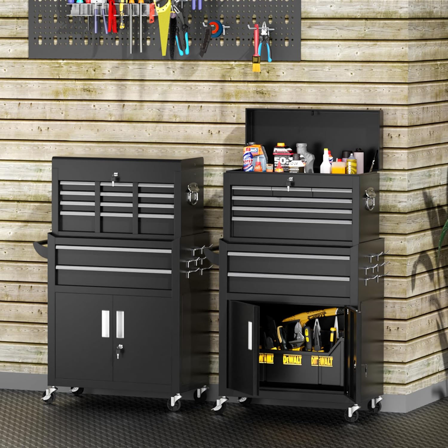 8-Drawers Rolling Tool Chest, Assembled Tool Chest with Wheels, Detachable Top Tool Box, Tool Cabinet for Repair Room, Warehouse, Rolling Tool Box with Hooks, Tray Divider, Liners