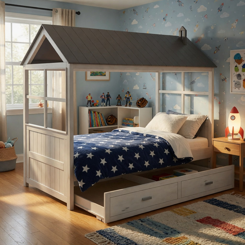 Tree House Wooden Frame Twin Bed in Weathered White and Washed Gray - Playful Design with Trundle