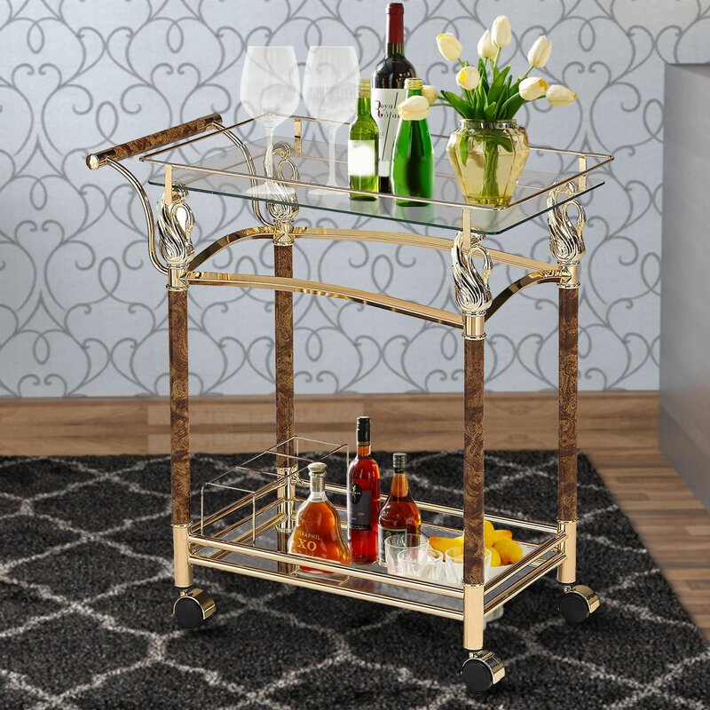 Rectangular Serving Bar Cart in Gold Plated and Clear