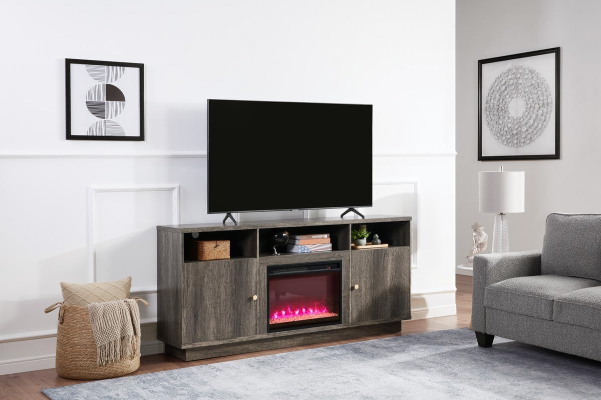 70" W Gray Walnut Engineered Wood Fireplace TV Console w/LED+Heater+Shlv
