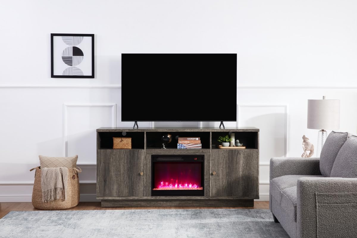 70" W Gray Walnut Engineered Wood Fireplace TV Console w/LED+Heater+Shlv