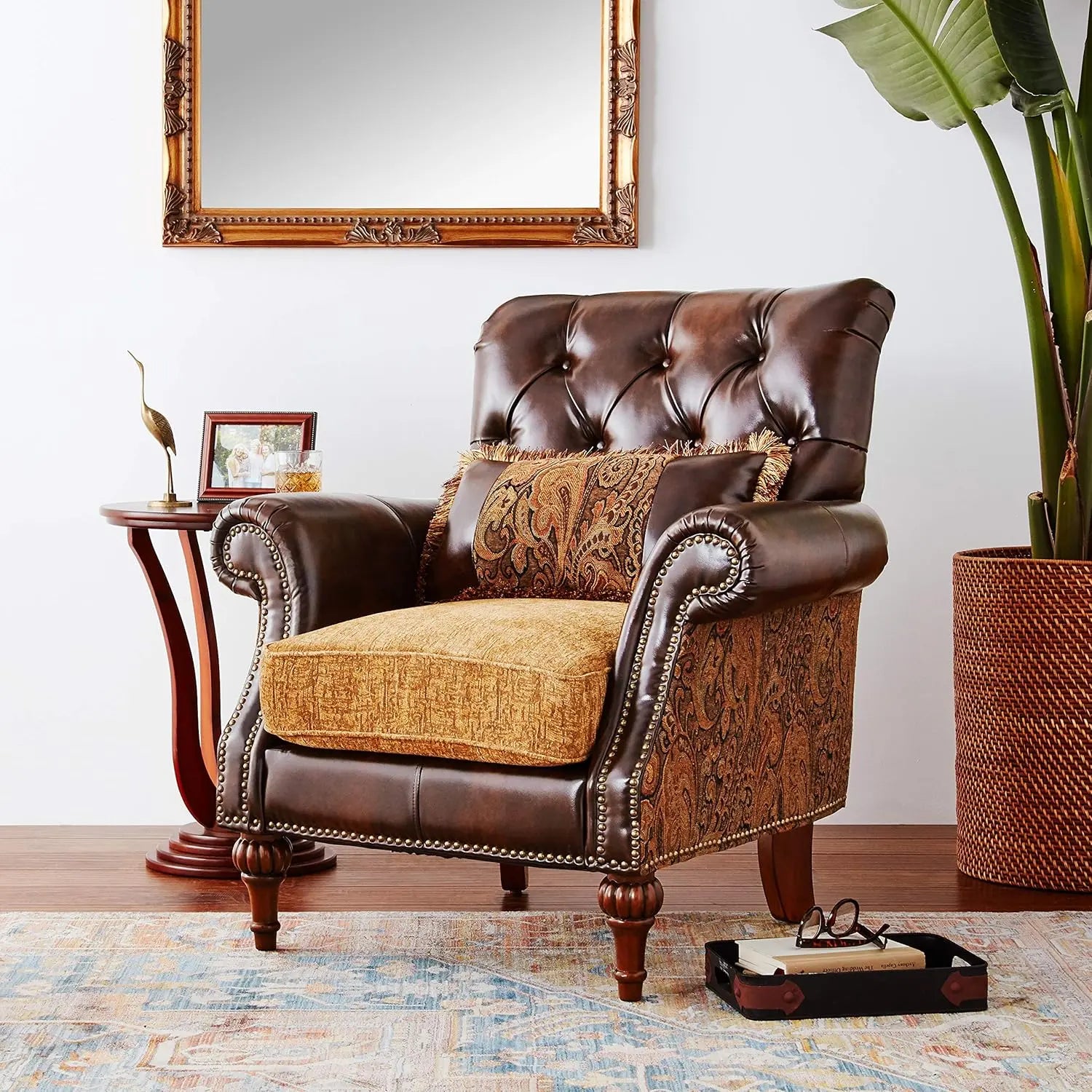 Dreena Rolled Arm Upholstered Chair with 1 Pillow in Brown Faux Leather Acme Furniture