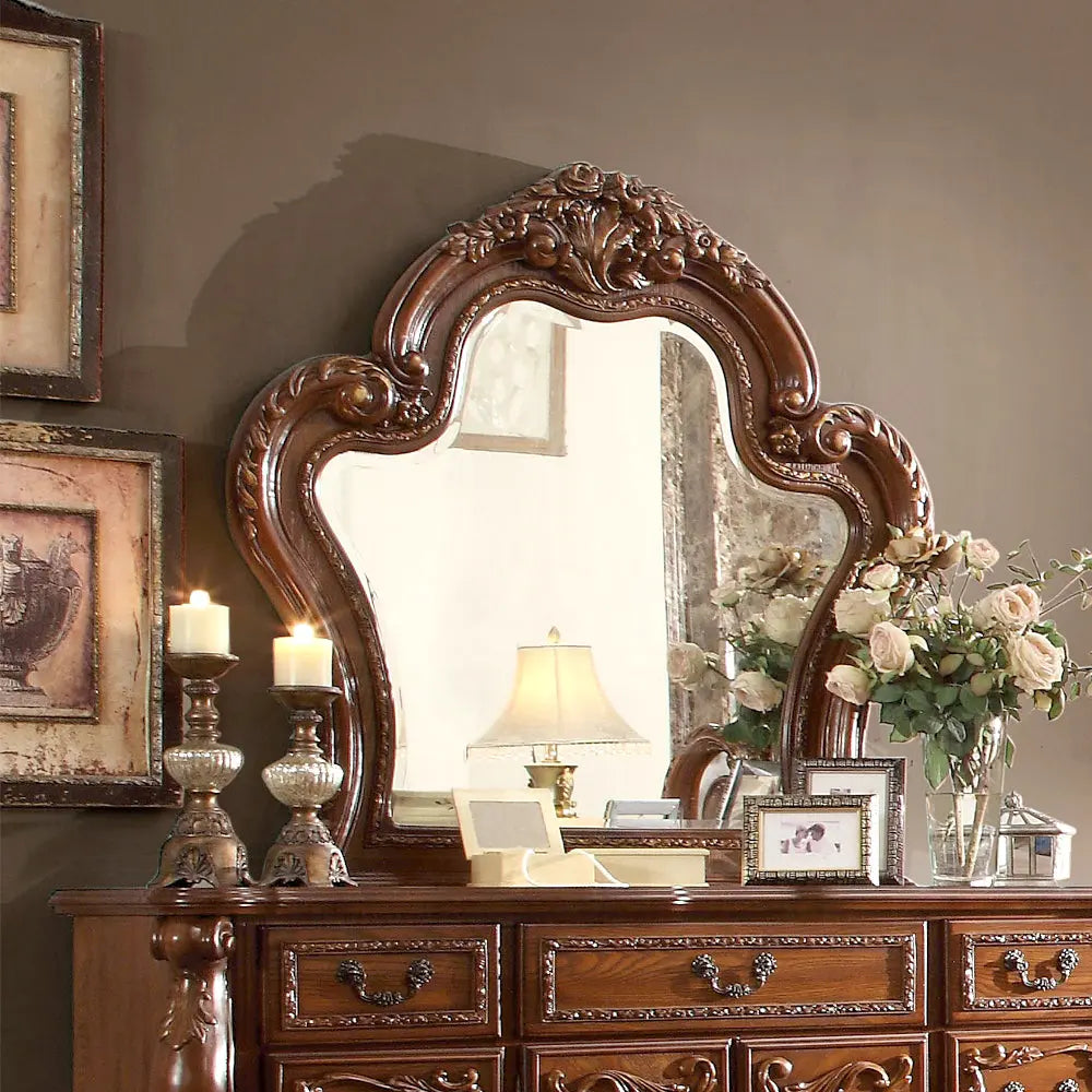 Victorian Dark Mahogany Ornate Dresser Mirror with Floral Carvings Acme Furniture